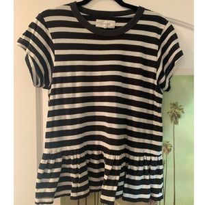 THE GREAT. Black and white striped peplum t-shirt